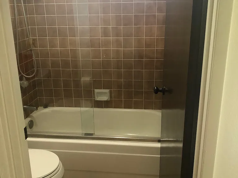 First bathroom with new glass doors