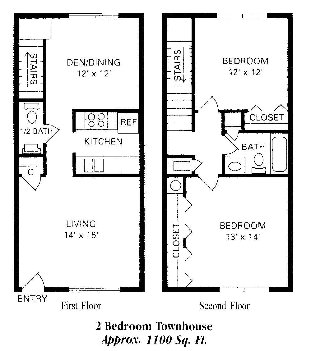 Floor plan 2 BD TH 1100