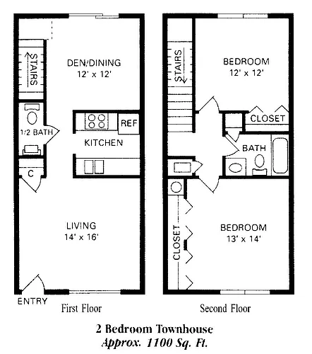 Floor plan 2 BD TH 1100