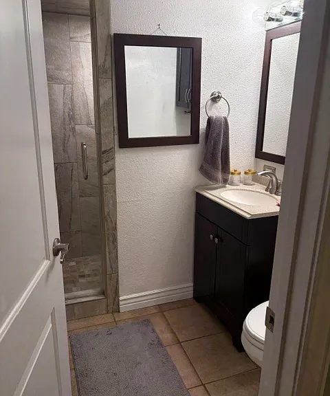 basement bathroom with walk in shower