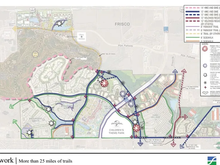 The trails lead directly to the 55-acre mixed-use development, connecting to restaurants, shops, and offices.