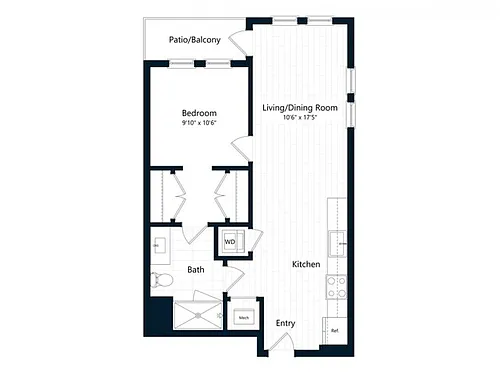 Floor plan One Bedroom One Bath (632 SF)