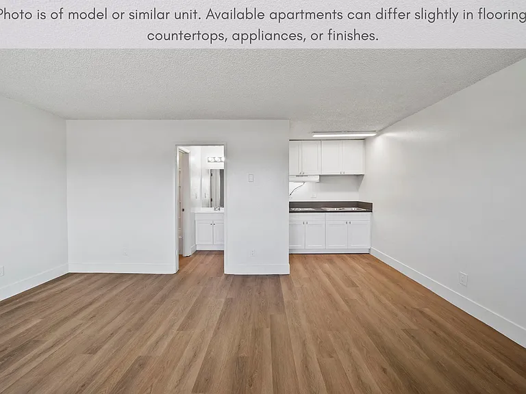 Open living space featuring modern flooring and a seamless connection to the kitchen.