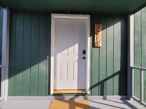 Front door, side entrance of building