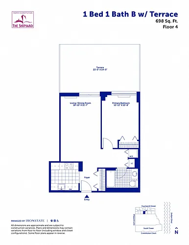 Floor plan 1 Bed 1 Bath B with Terrace