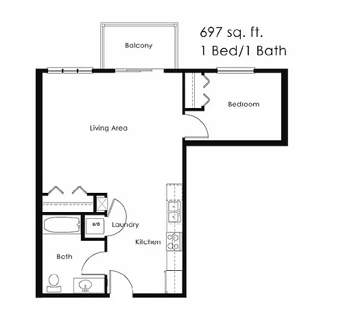 Floor plan 1 Bed 1 Bath | 697 sqft