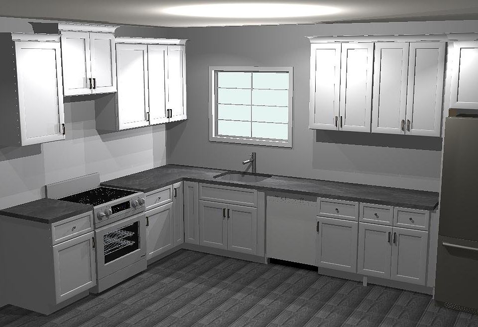 Rendering of the first-floor kitchen. Microwave included above stove.