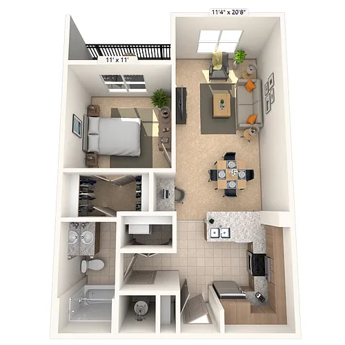Floor plan Traditional 1x1 672-689 SF