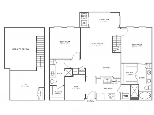 Floor plan 2 Bedroom 2 Bath Loft (1,522 SF)