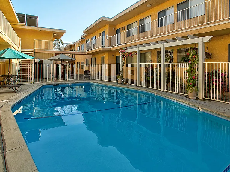 Large solar heated pool in Woodbridge Park courtyard.