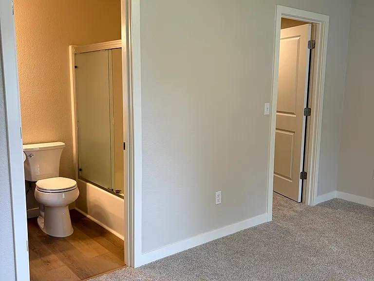 View from primary bedroom into bathroom and walk-in closet