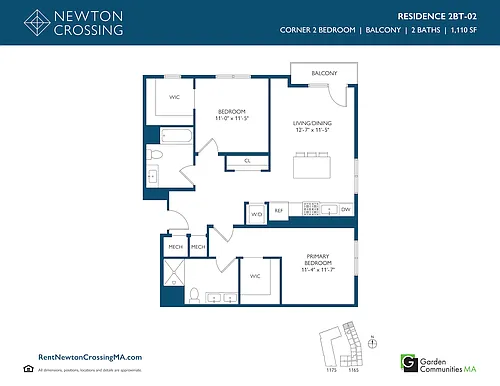 Floor plan Corner Two Bedroom Apartment with Balcony 2BT-02