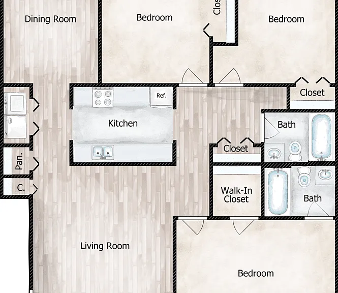 3 Bed 2 Bath Floorplan Diagram