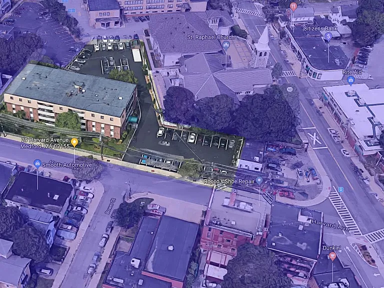 Building, Parking Lot, and Surrounding Area (Inc: Walgreens, Post Office, W. Medford Train Stop, Dunkin Donuts Parking Lot, etc)