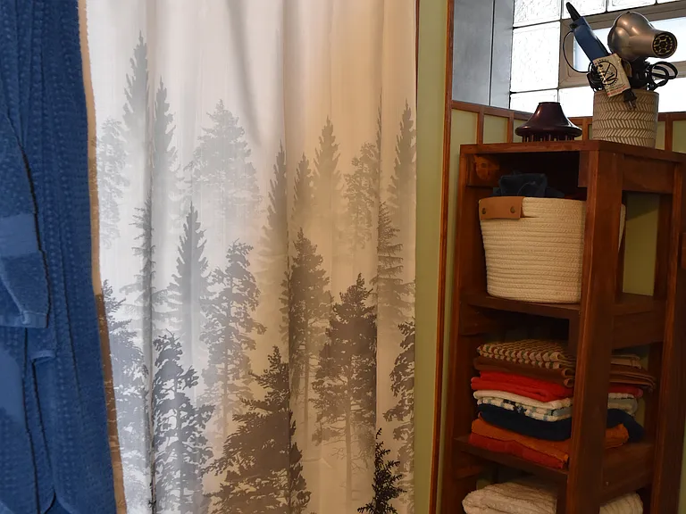 Basement bathroom shower and towel storage