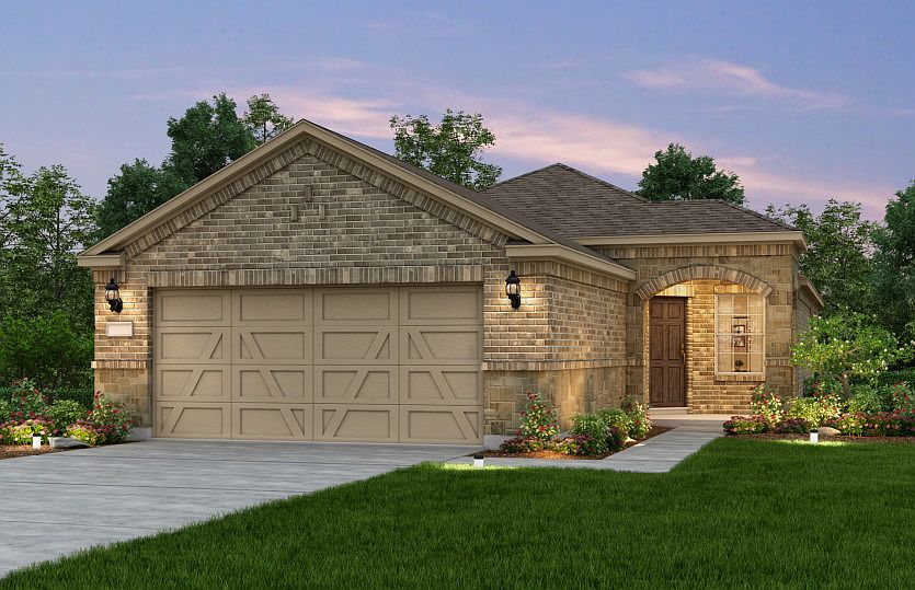 Exterior E, the Steel Creek with stone accents and 2-car garage