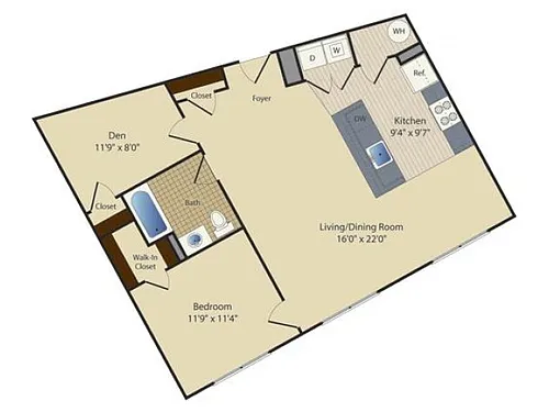 Floor plan One Bedroom One Bath with Den (854 SF)