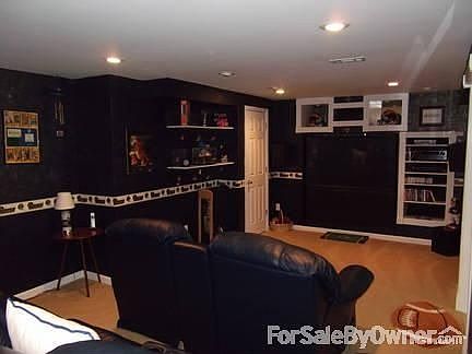 Man Cave - Built-ins, Big Screen, Shelving for Treasures, Lighted Display Cases