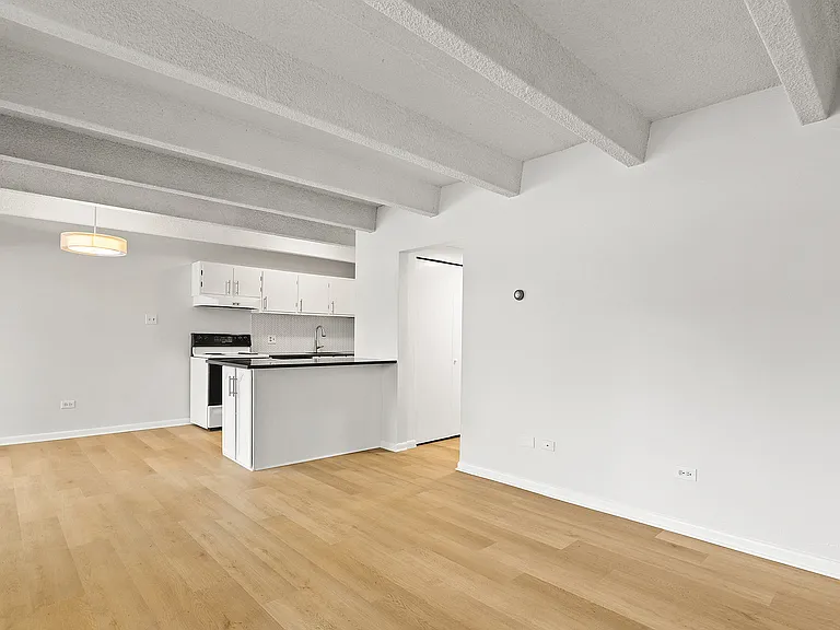 Elegant open-plan space with light wood flooring and modern kitchen featuring sleek countertops and white cabinetry.