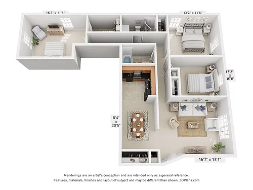 Floor plan 3-Bedroom 2-Bathroom | 1,165 sqft