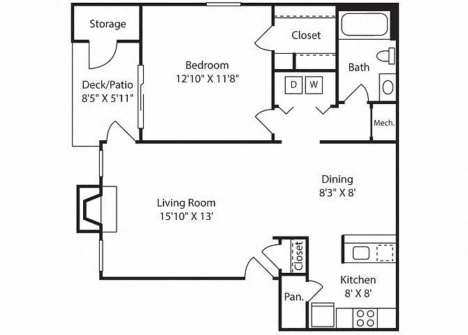 Floor plan A1BR - 827 sq. ft.