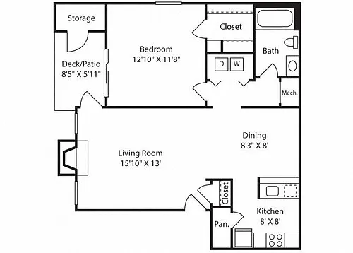 Floor plan A1BR - 827 sq. ft.