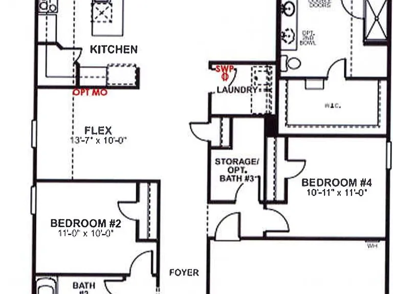 Floor Plan: Spacious single-story layout featuring 4 bedrooms, 2 bathrooms, a flex/study room, open-concept kitchen, dining and family room, plus a dedicated laundry room and 2-car garage. The master suite includes a walk-in closet and ensuite bathroom.