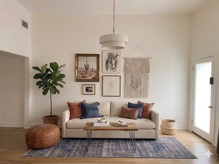 Welcome to the spacious living room with beautiful high ceilings (Virtual Staging)