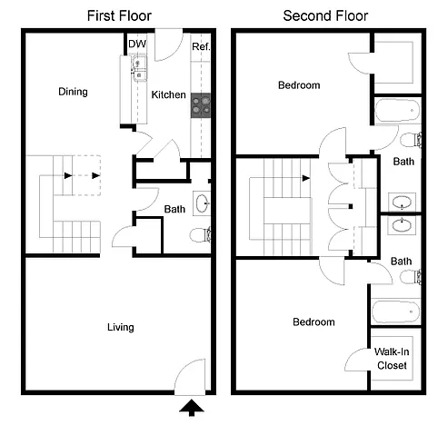 Floor plan 2 Bedroom 2 Bath Townhome-SB3