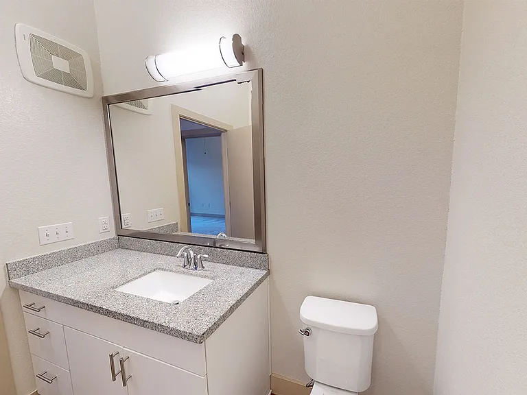 Apartment bathroom with wood-style flooring.