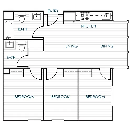 Floor plan 3-Bedroom 1.5-Bathroom Traditional Suite