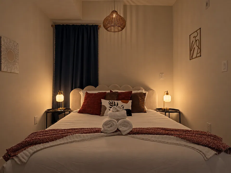 Blackout curtains drawn, bedside lamps glowing. Your bedroom becomes a calm, dark retreat for restful sleep, whether you work days or overnight shifts.