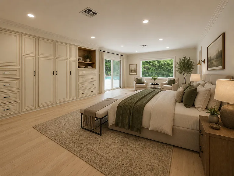 Expansive built-in closet cabinetry and private patio access elevate this primary suite in a Beverly Hills luxury rental home, ideal for an executive rental at 1094 Garden Lane, 90210.