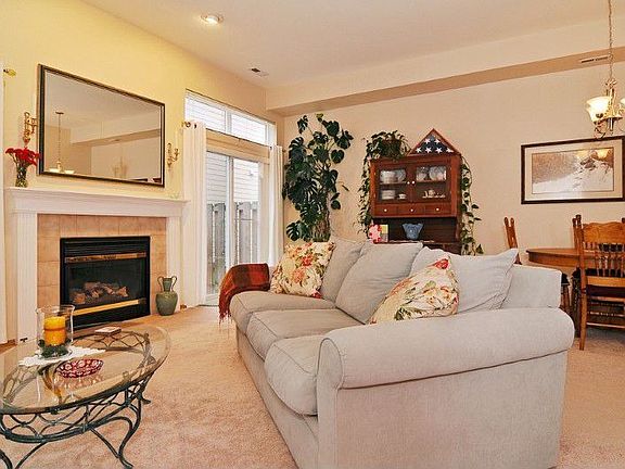 Open, "great-room" style living and dining rooms with cheery gas fireplace, opening out via glass doors to the private patio and yard.