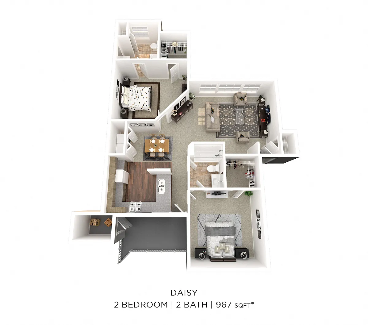 Floor plan Two Bedroom 2 Bath - 967 sqft