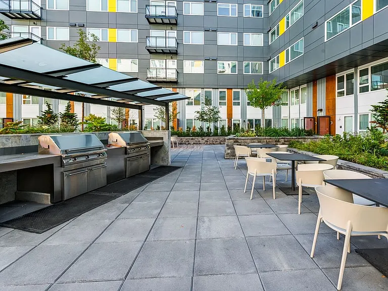 Outdoor lounge with barbecue grills and dining area