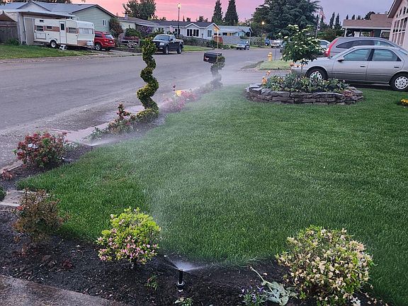 Front yard with sprinkler system