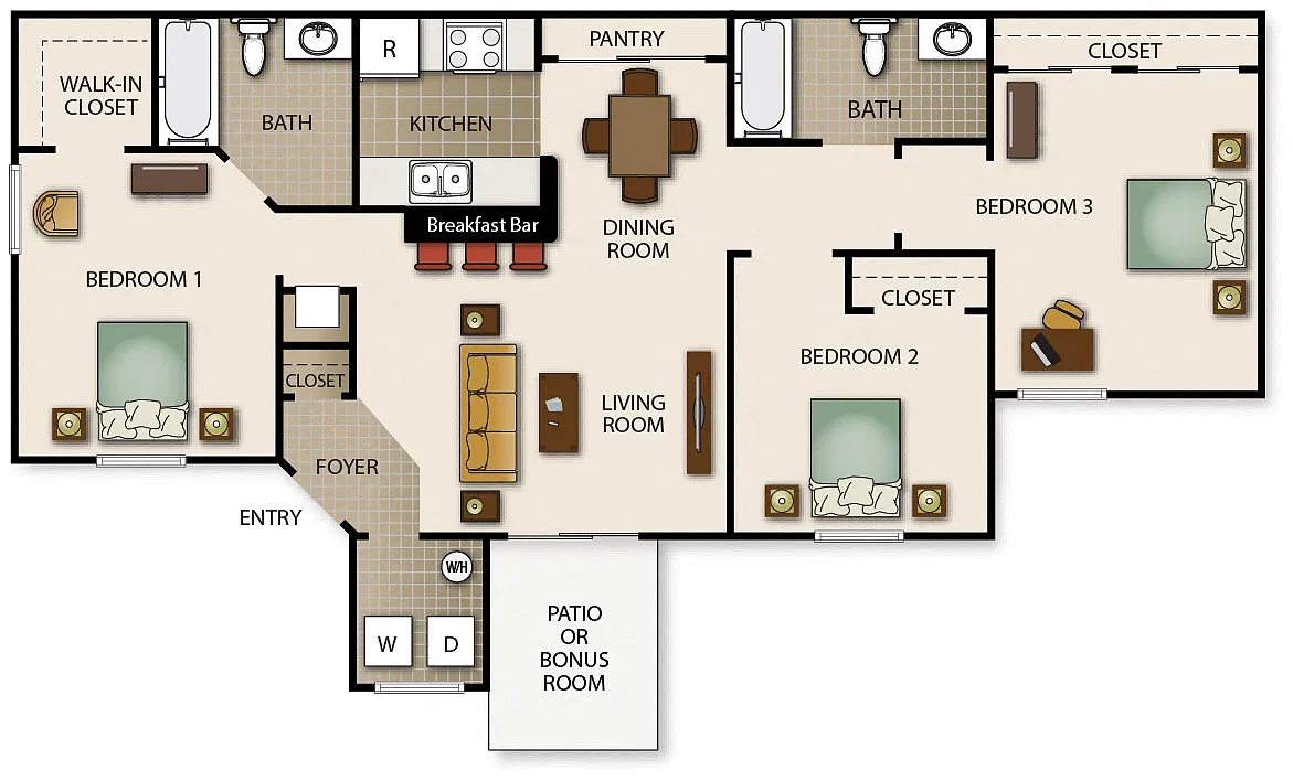 Floor plan Three Bedroom Two Bath