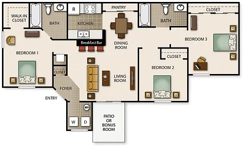 Floor plan Three Bedroom Two Bath