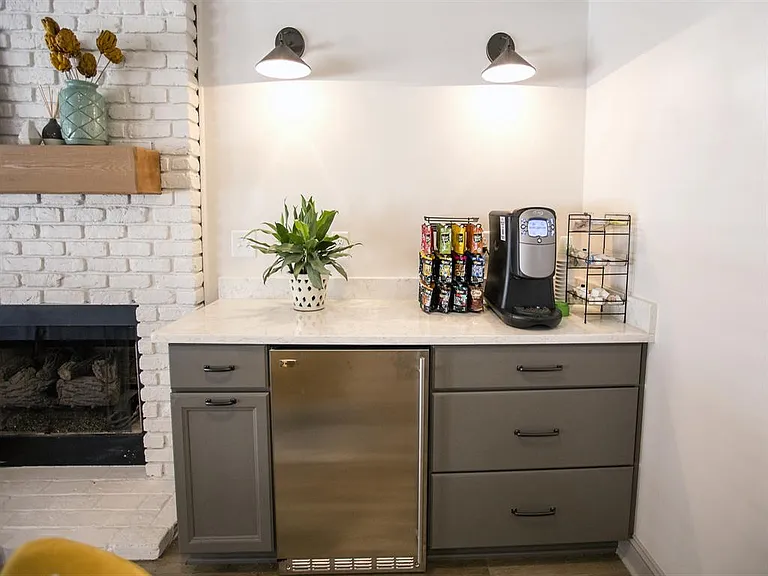 Our complimentary coffee bar features a variety of coffees, teas, and hot chocolate, plus accompanying condiments.