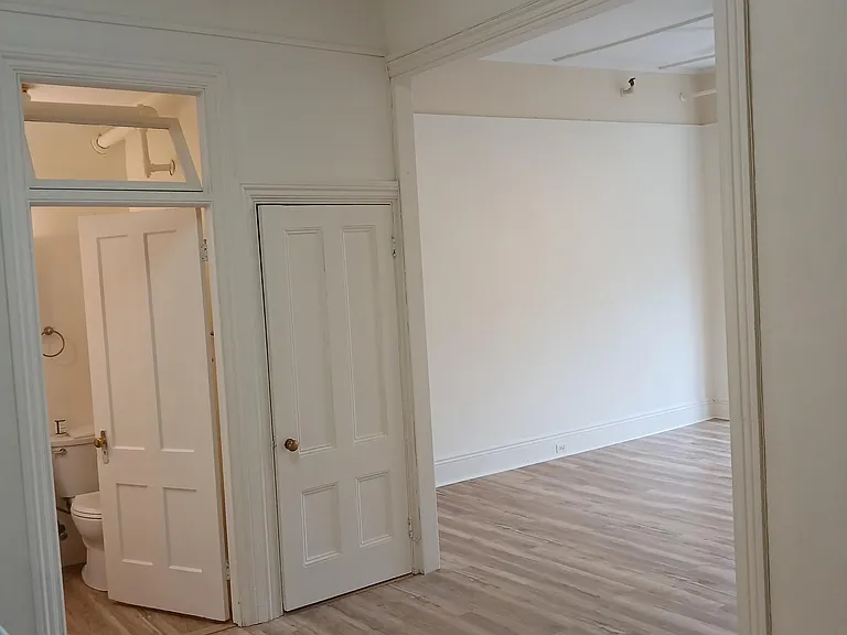 Renovated in 2025 with new laminate flooring. This view from kitchen into living room area, bathroom and closet