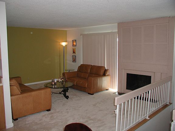 Living room with wood burning fireplace