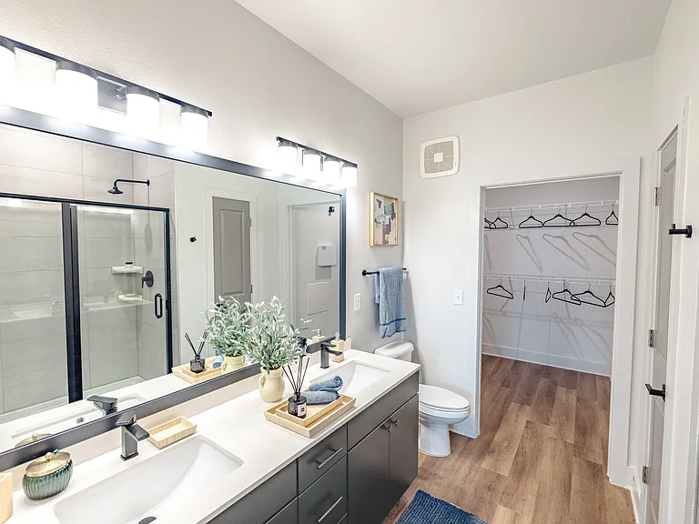 Bathroom with Quartz Countertops, Double Vanity Sinks, Walk-in Shower, and Walk-in Closet