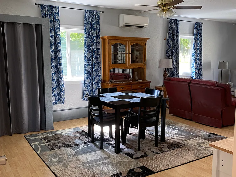 From bathroom door looking to dining area