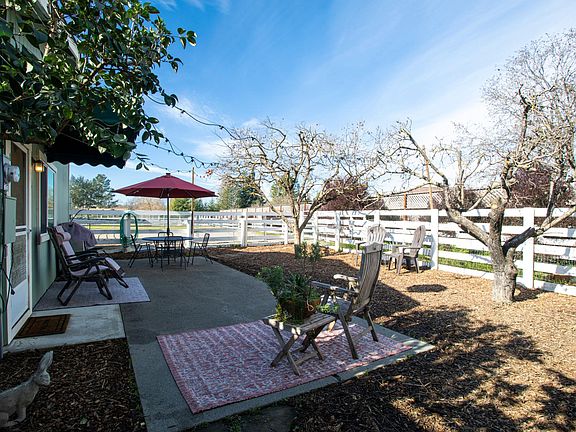 Northwest facing fenced backyard looking toward horse pastures.
