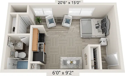 Floor plan The Carson - Studio 1 Bath