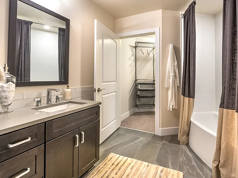 Large bathroom with soaking tub and walk in closet