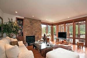 Living Room with fireplace and views