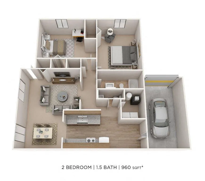 Floor plan Two Bedroom 1.5 Bath- 960 sqft