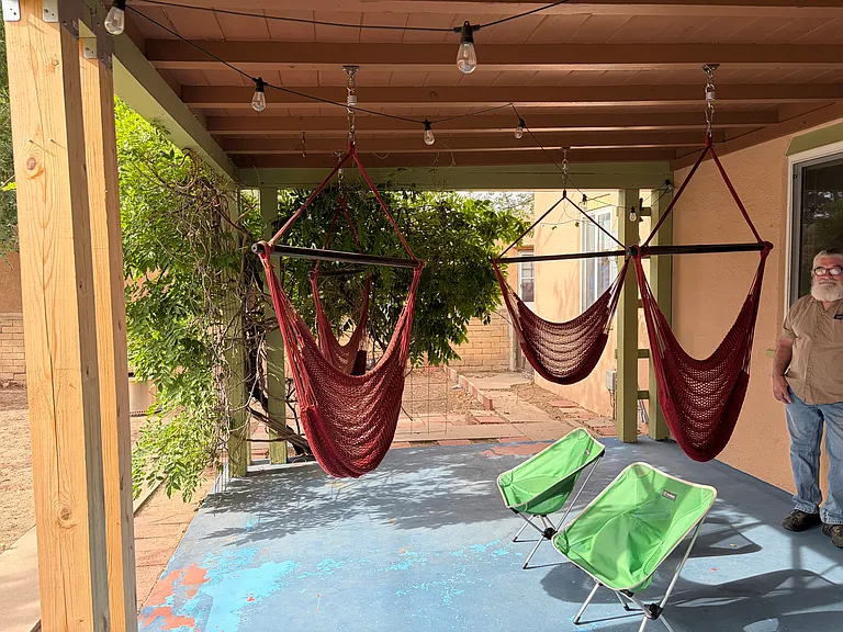 Great east facing patio with climbing wisteria on southeast corner